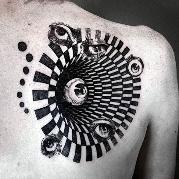 Eyeball Checkered Hole Optical Illusion Mens Back Of Shoulder Tattoo