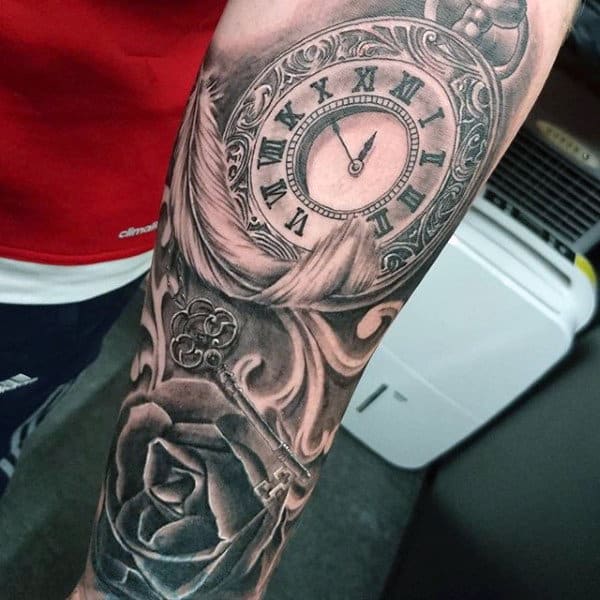 Fabulous Pocket Watch And Rose Tattoos With Feather On Forearms For Men