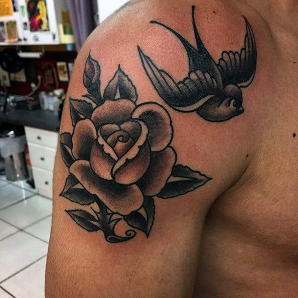 Fabulous Rose And Sparrow Tattoo Male Shoulder