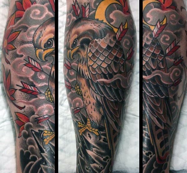 Falcon With Arrows Male Leg Sleeve Tattoo