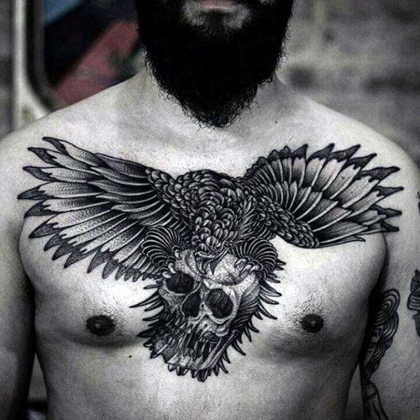Falcon With Skull Guys Upper Chest Tattoos