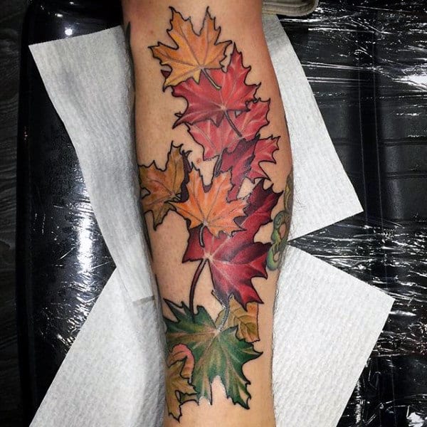 Fall Maple Leaf Mens Leg Tatoto Ideas