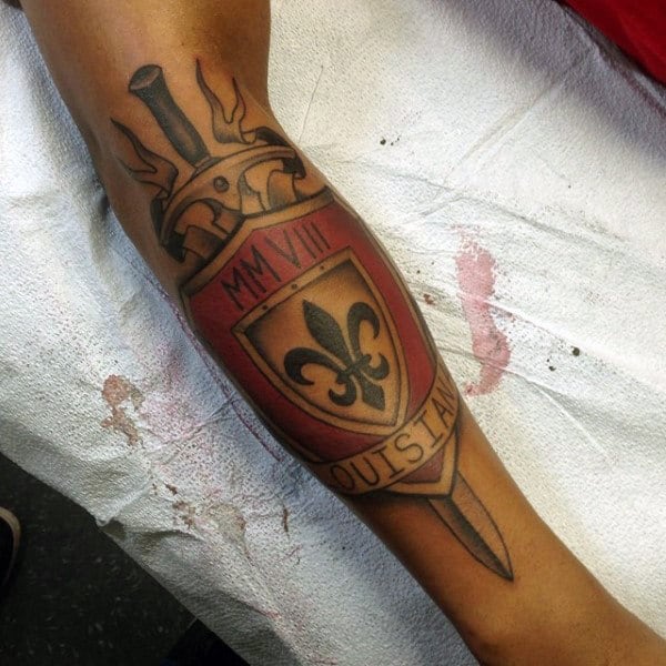 Family Crest Fleur De Lis Mens Forearm Tattoo Designs