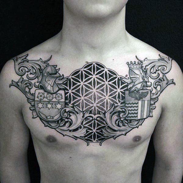 Family Crest Flower Of Life Male Chest Tattoo