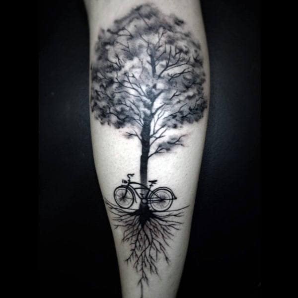 Fantastic Bicycle Under A Tree Tattoo On Forearms Male