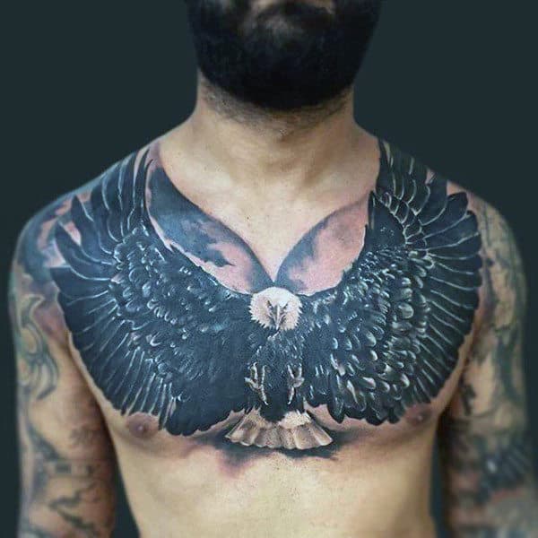 Fantastic Black Feather Bald Eagle Tattoo Mens Chest