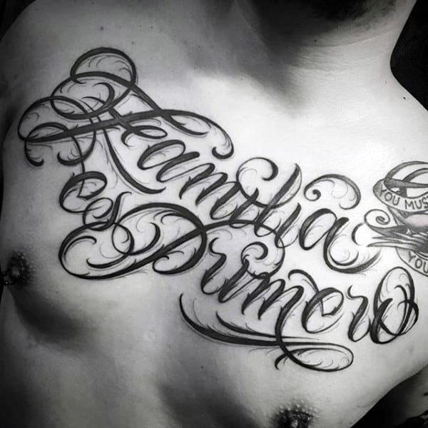 Fantastic Black Inked Family Words Tattoo Male Chest