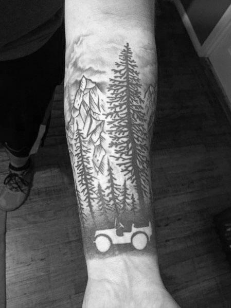 Fantastic Forest Negative Space Jeep Tattoo Designs For Men