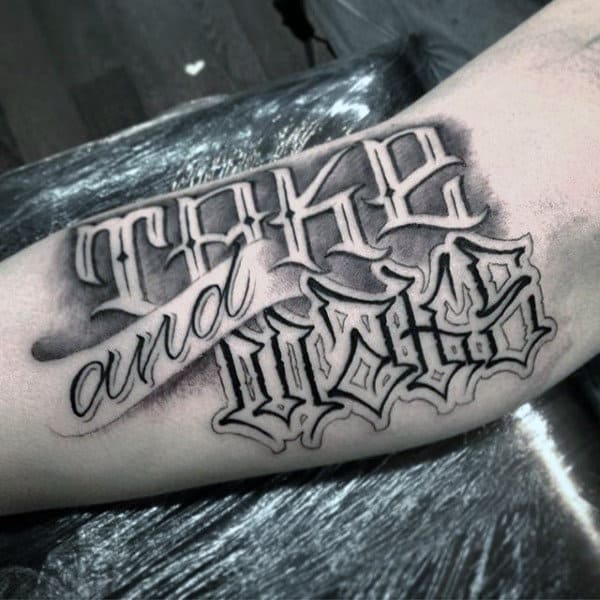 Fantastic Grey And Black Lettering Tattoo Mens Forearms