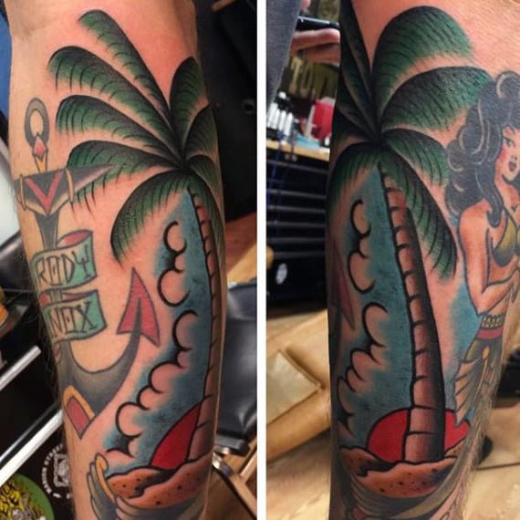 Fantastic Lady And Palm Tree Tattoo For Guys On Legs