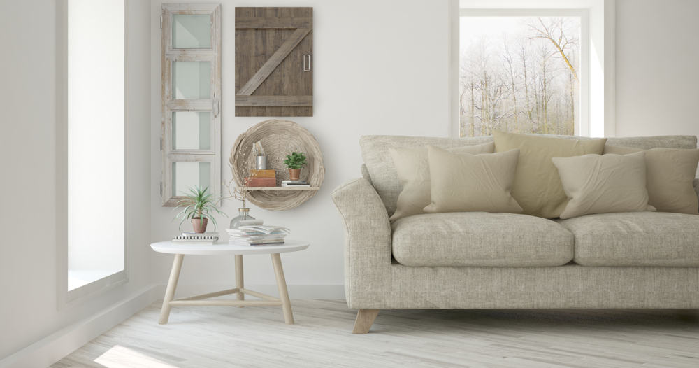 farmhouse living room beige sofa wall mirror 