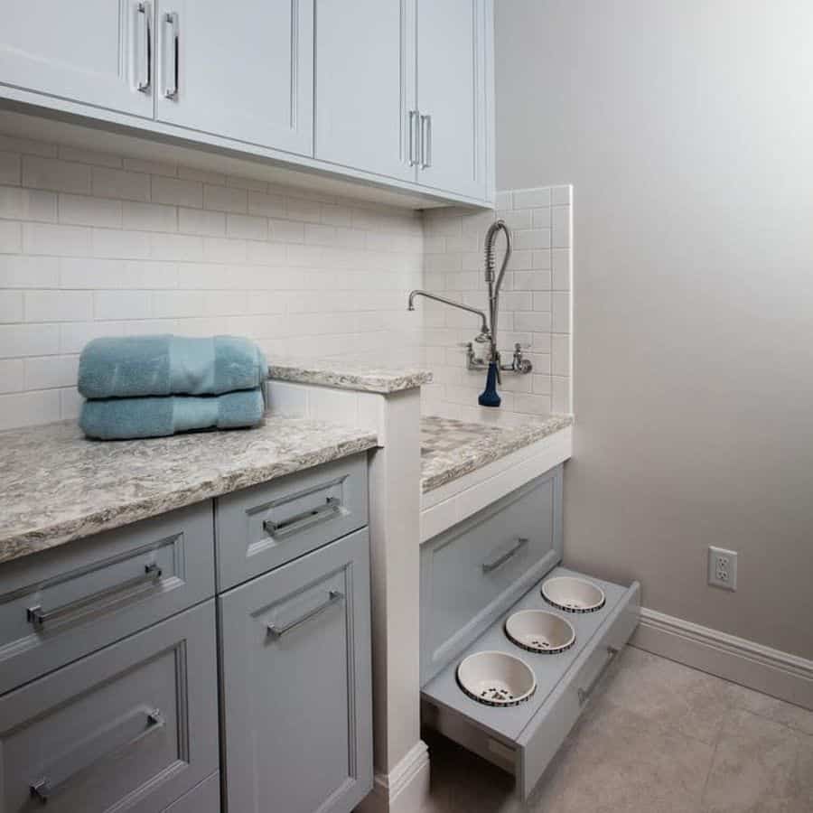 small laundry gray cabinets dog feeder