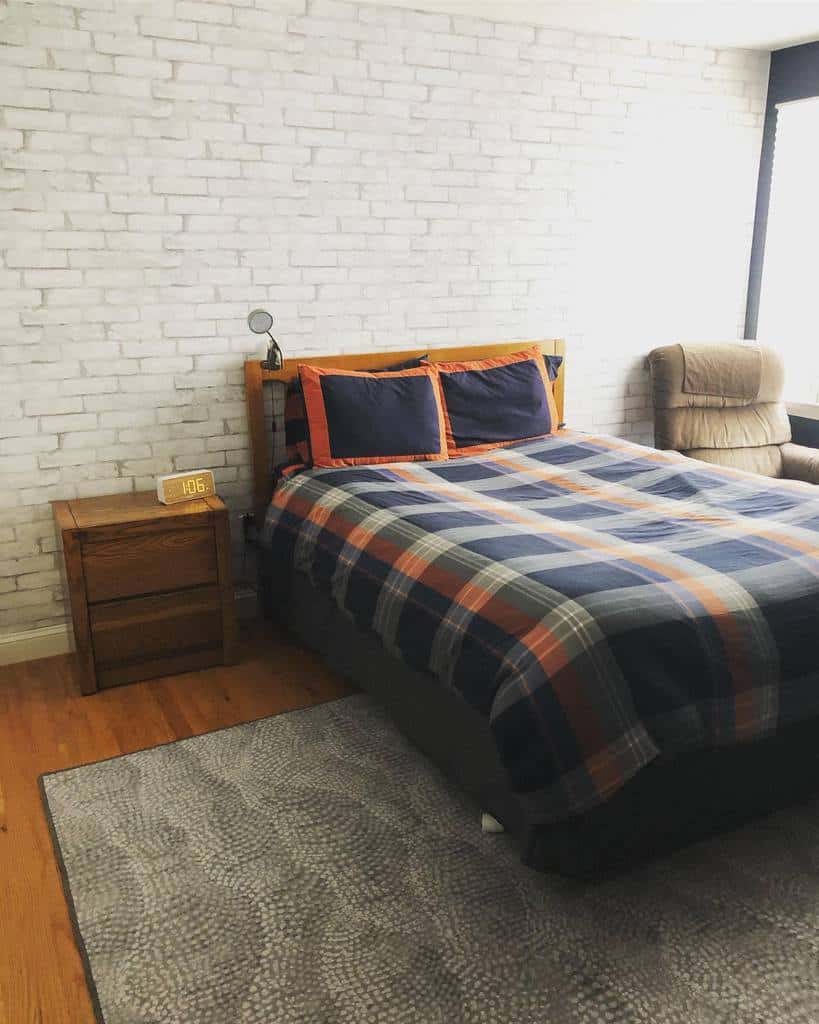 white fake brick wall modern bedroom gray rug