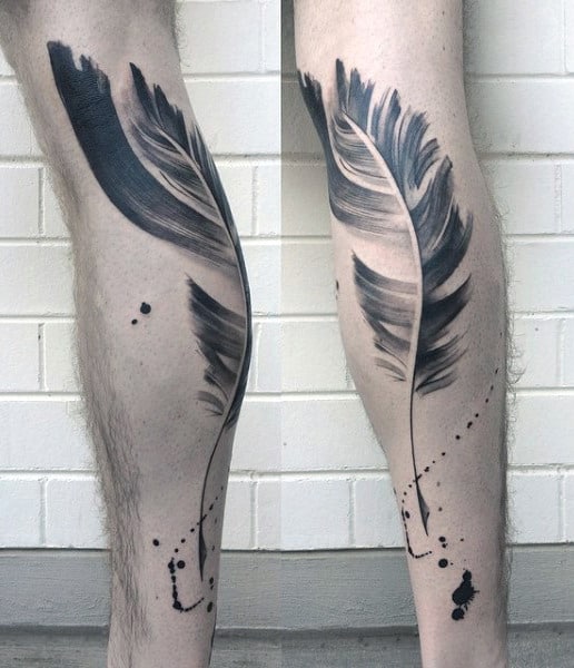Feather Ink Pen Brush Stroke Male Leg Tattoos