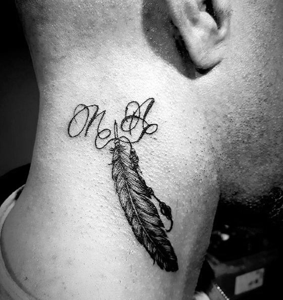 Feather Male Small Neck Tattoos