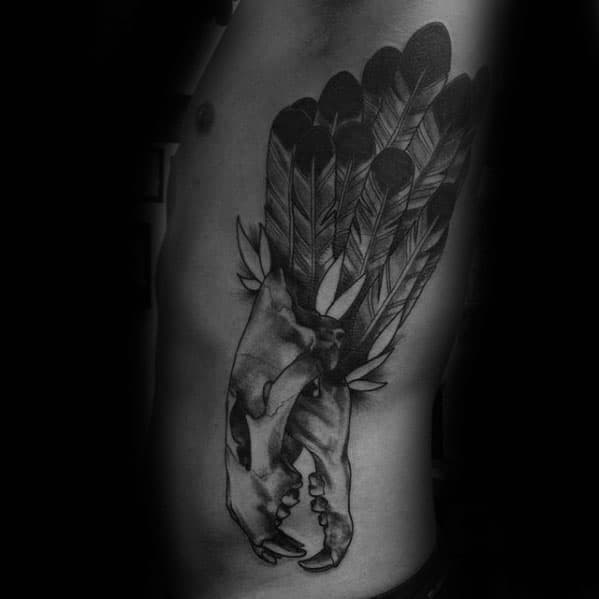 Feathers Lion Skull Shaded Rib Cage Side Tattoo On Gentleman
