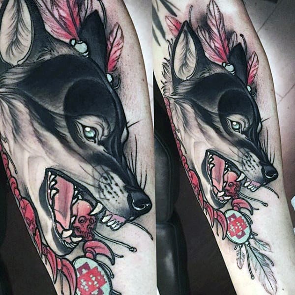 Feathers Wolf Guys Forearm Tattoo Designs