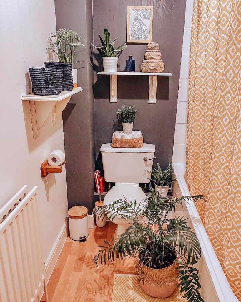 brown accent wall in vintage bathroom with plants 