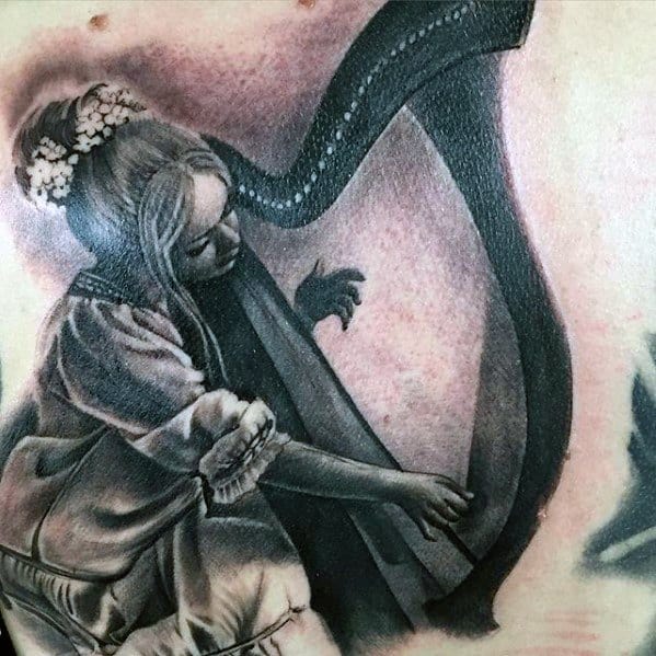 Female Playing Harp Tattoo Ideas For Males On Chest