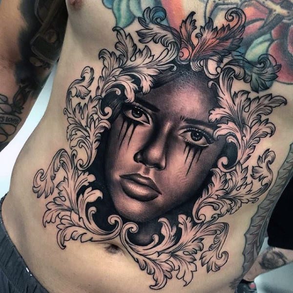 Female Portrait Mens Filigree Stomach Tattoos
