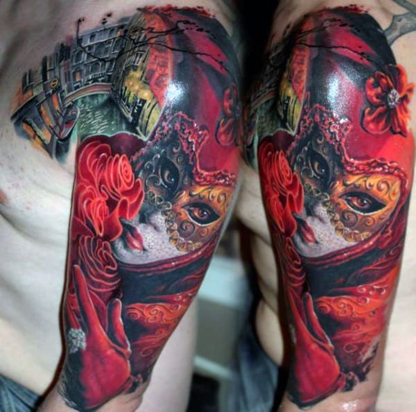 Female Portrait Red Ink Mens Half Sleeve Tattoo