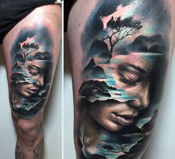 Female Portrait With Blue Nature Landscape Guys Unusual Thigh Tattoos