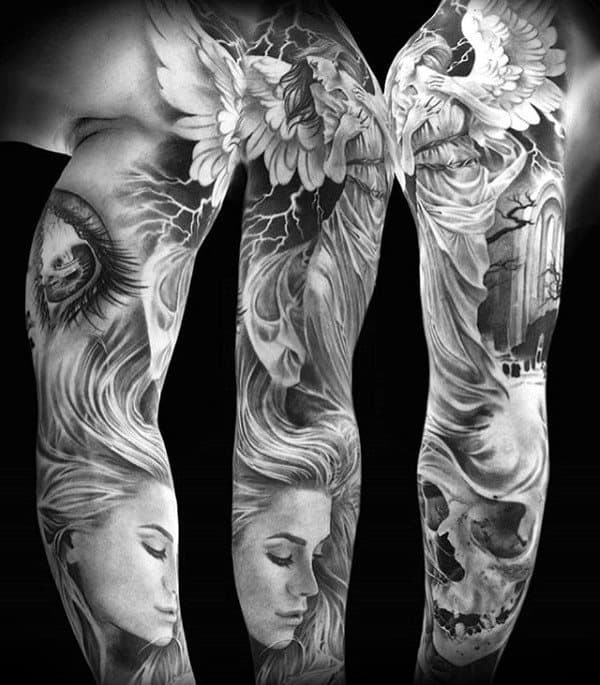 Female Portrait With Doves And Skull Unique Guys Shaded Tattoo Sleeves