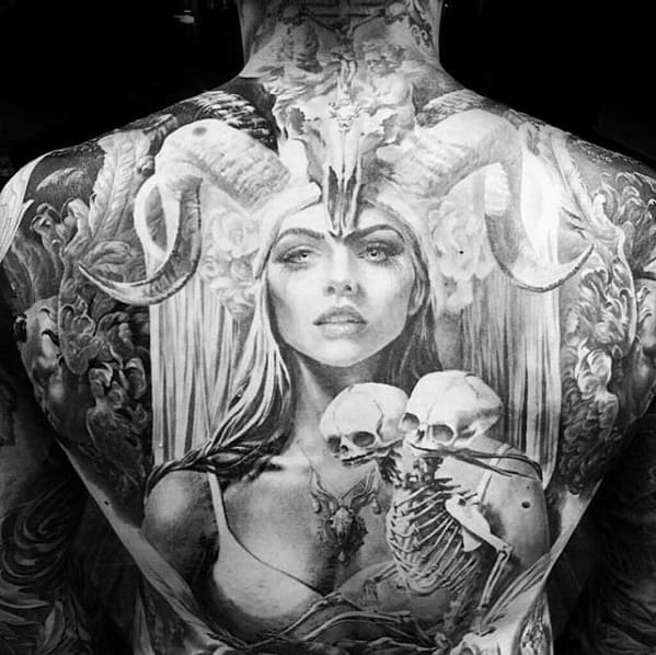 Female Portrait With Goat Skull Mens Realistic Full Back Tattoos