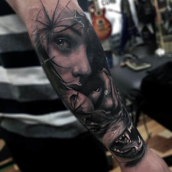 Female Portrait With Growling Wolf Guys Realistic Forearm Tattoo Ideas