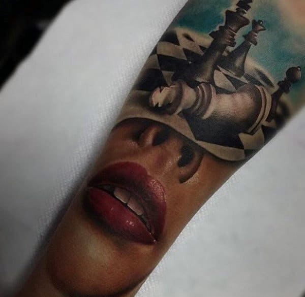 Female Portrait With King Chess Piece Mens Forearm Sleeve Tattoos