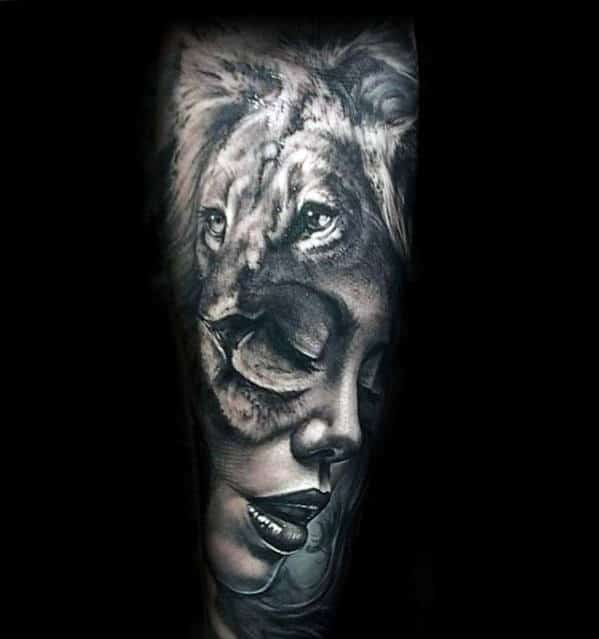 Female Portrait With Lion Mens Forearm Sleeve Tattoo Design Ideas
