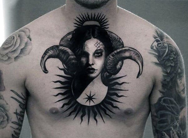 Female Portrait With Ram Horns Guys Sun And Moon Chest Tattoo