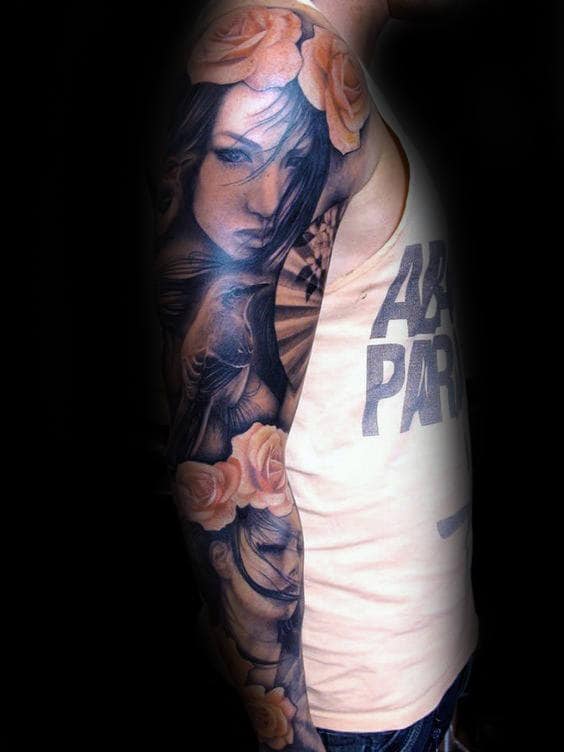 Female Portrait With Realistic Rose Flowers Mens Full Sleeve Tattoos