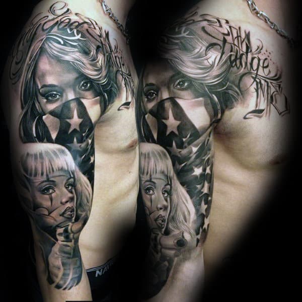 Female With Flag Mask Mens Chicano Half Sleeve Tattoos
