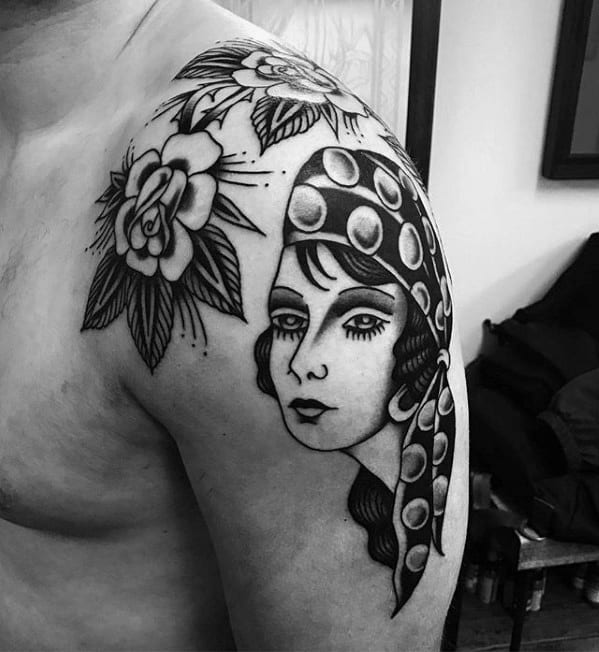 Female With Flower Guys Traditional Shoulder Tattoo