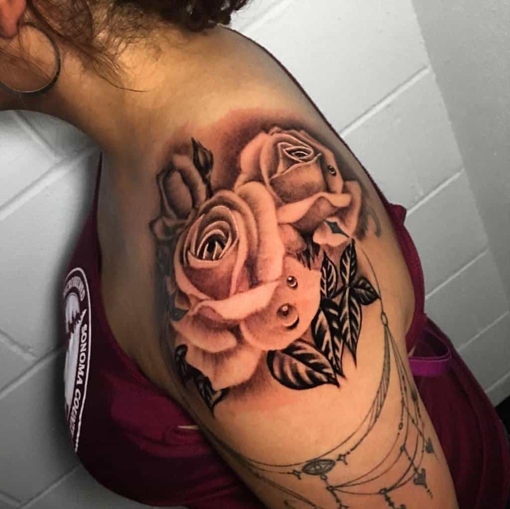 feminine rose shoulder tattoos inkmindsetstudios