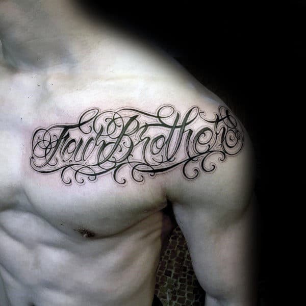 Few Forthers Script Mens Ornate Chest And Shoulder Tattoo