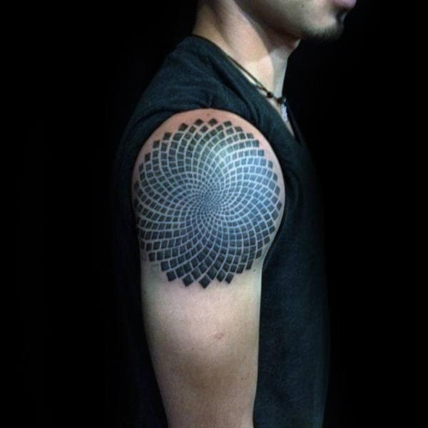 Fibonacci Spiral Male Pattern Upper Arm Tattoo With Black Ink Design