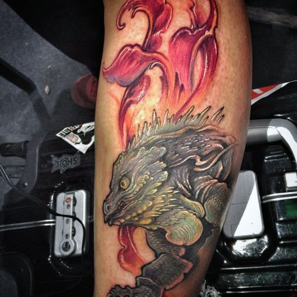 Fiery Dragon Lizard Tattoo Mens Forearms