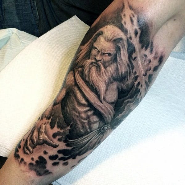 fiery greek god tattoo on arms for men