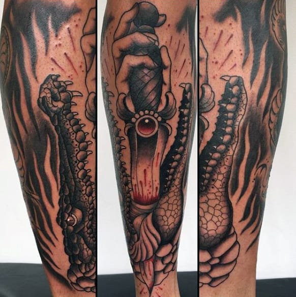Fighter Alligator Tattoo For Men On Legs Sleeve