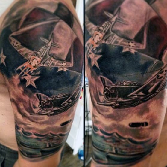 Fighter Jet And American Flag Eagle Tattoo For Men