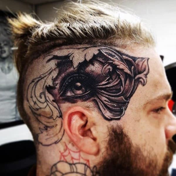 Filigree Mens Head Tattoo With Eye Design