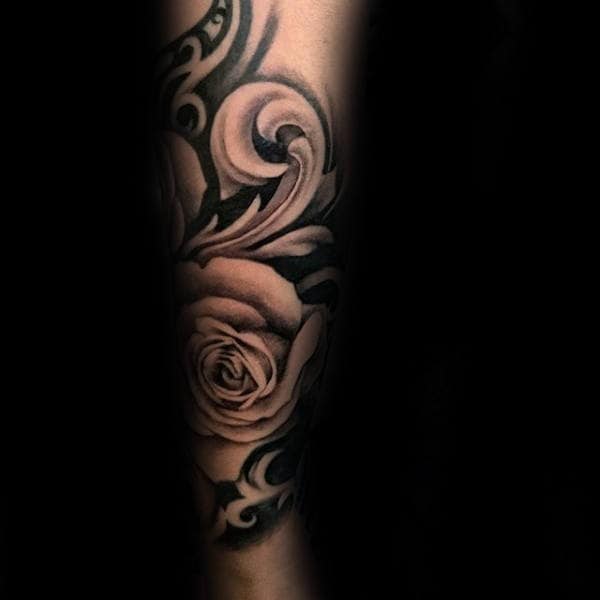 Filigree Rose Flower Tattoo On Guys Forearms