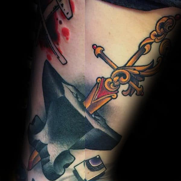 Filigree Sword In Anvil Mens Tattoo Designs