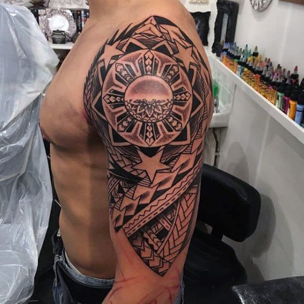 Filipino Sun Tribal Half Sleeve Tattoo Ideas On Guys