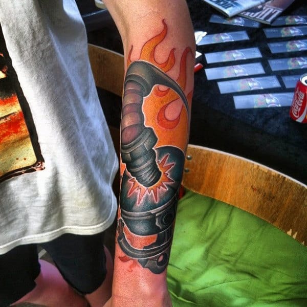 Fire And Engine Tattoo Male Forearms