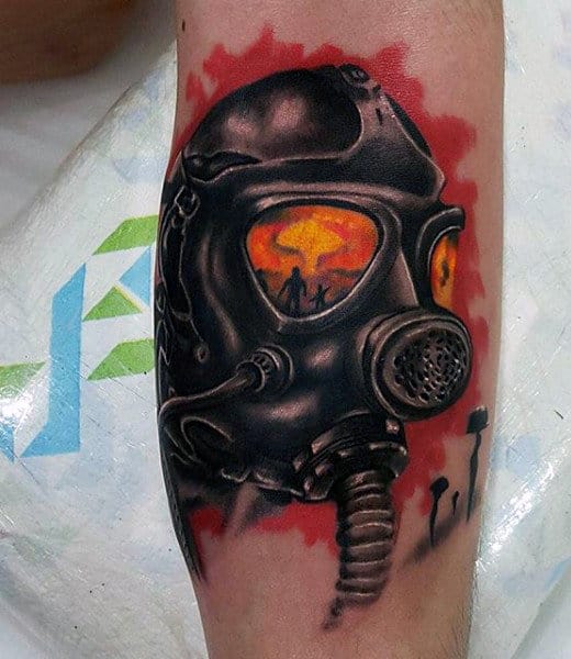 Fire Gas Mask Tattoo For Guys With Red Background On Forearm