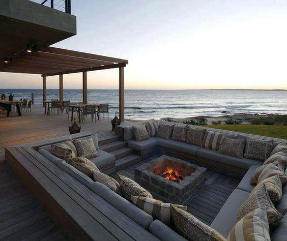 firepit patio with throw pillows