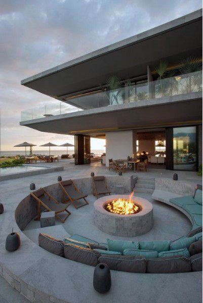 firepit patio with throw pillows